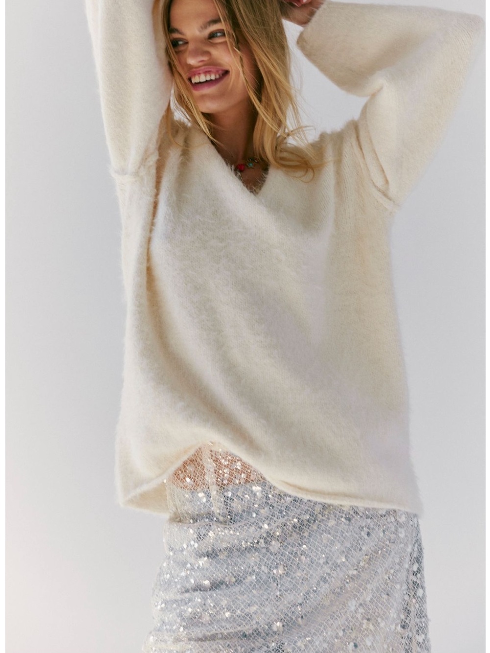 Free People Cream Sparrow Plush V Neck Sweater Pullover